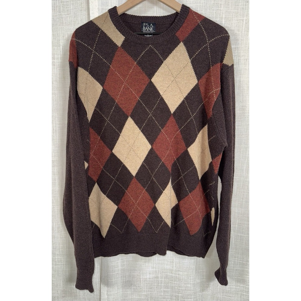 Jos A Bank Argyle Lambswool Sweater Men's Large Pull‎ Over Executive Preppy
